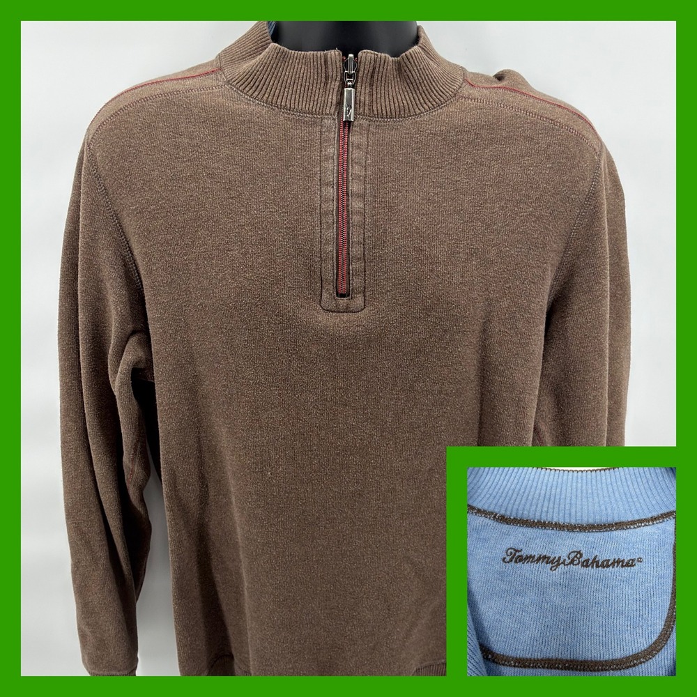 Tommy Bahama Reversible 1/4 Zip Sweater Men's Large Brown Blue‎ Pima Cotton Knit